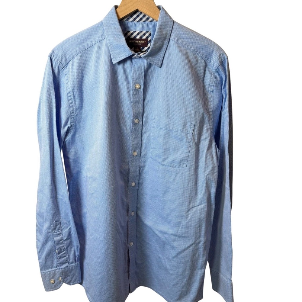 Johnston & Murphy Mens Medium Blue Micro Pattern Cotton Long Sleeve Button Shirt